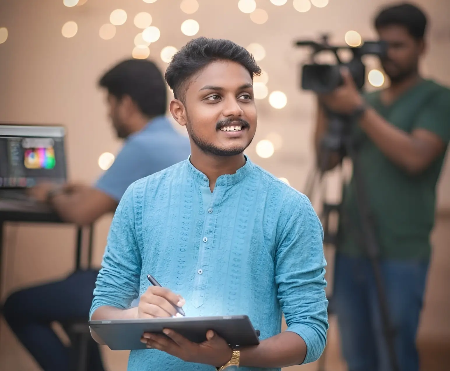 A creative designer working on a visual project on a tablet